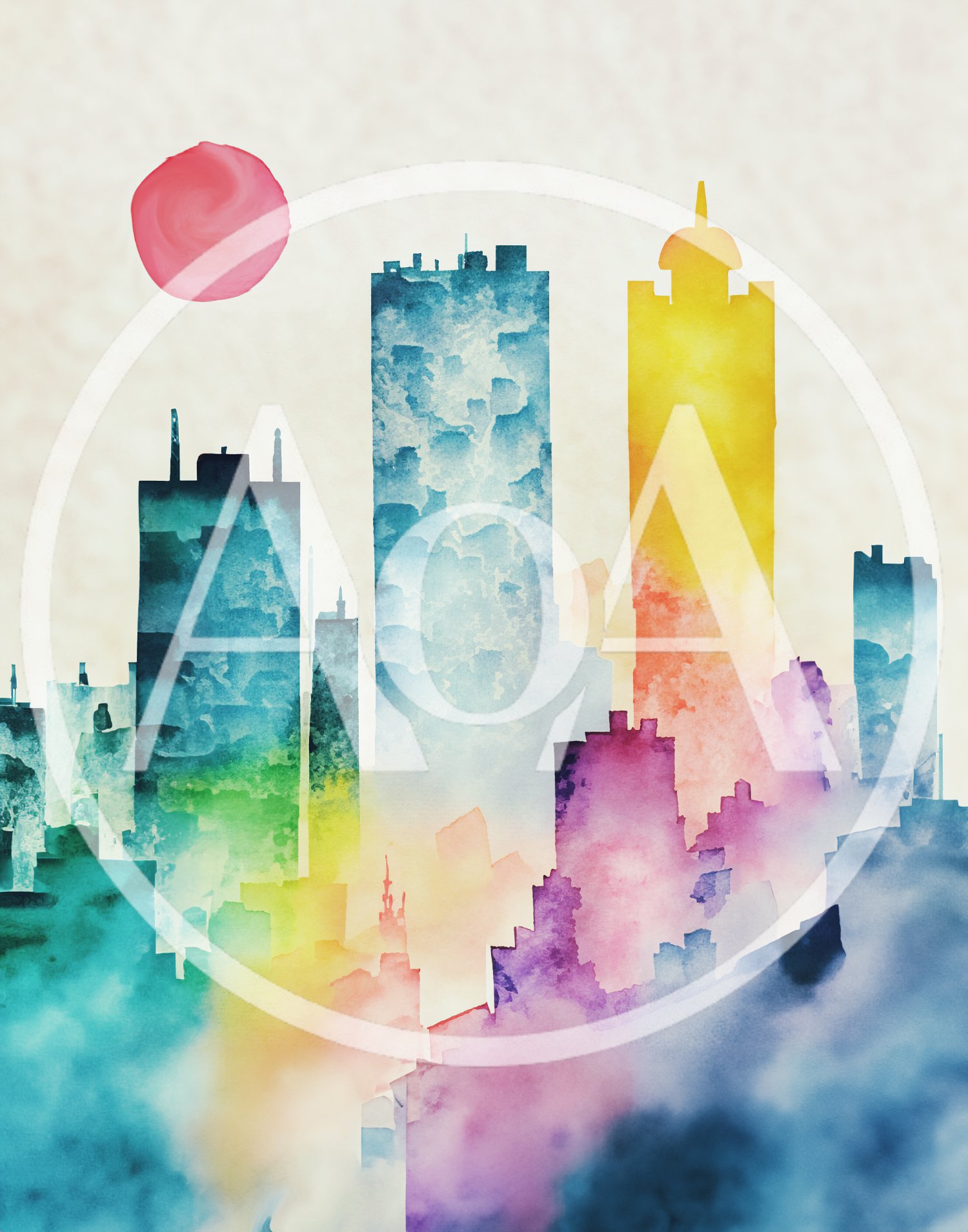 Watercolor Cityscape Illustration With Vibrant Abstract Buildings