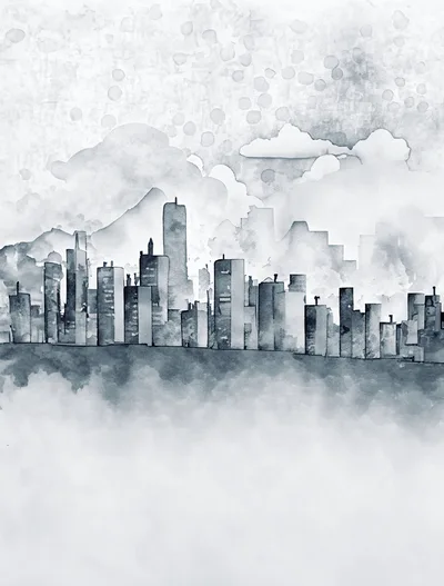 Watercolor Illustration Of A Monochrome City Skyline