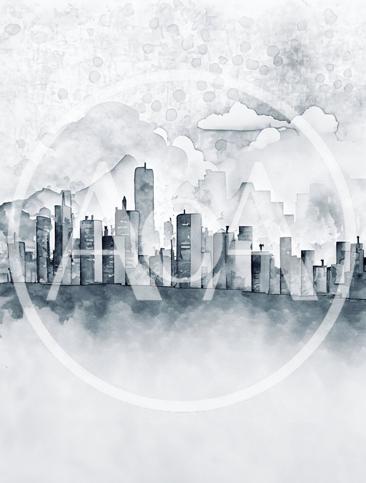 Watercolor Illustration Of A Monochrome City Skyline