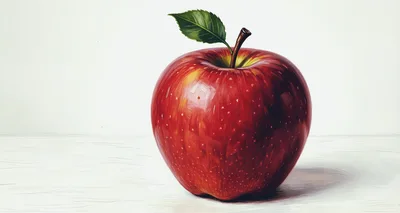 Single Red Apple With Leaf On White Surface