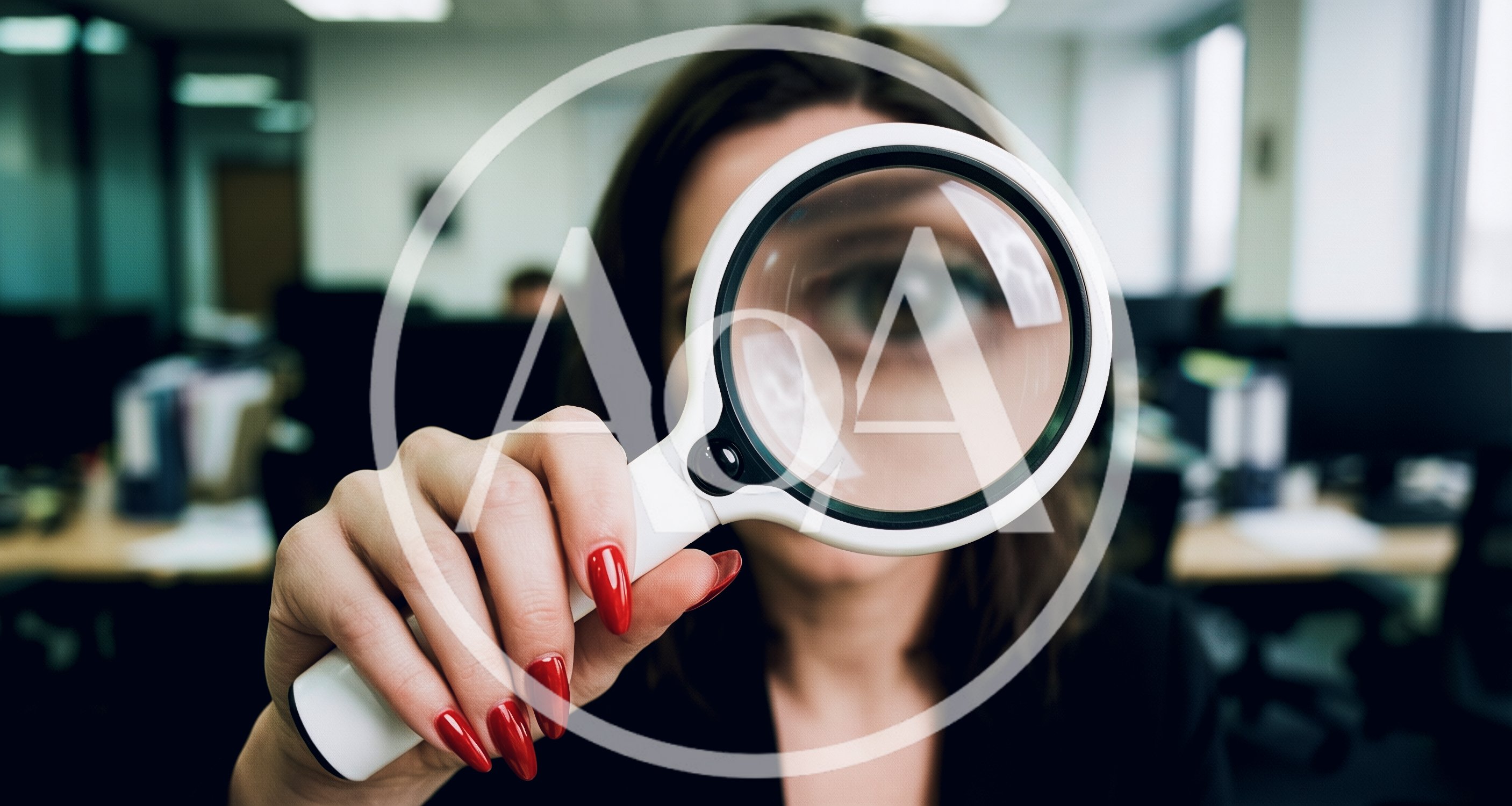 Businesswoman Looking Through Magnifying Glass In Office
