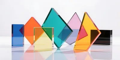 Colorful Translucent Geometric Glass Shapes on White Surface