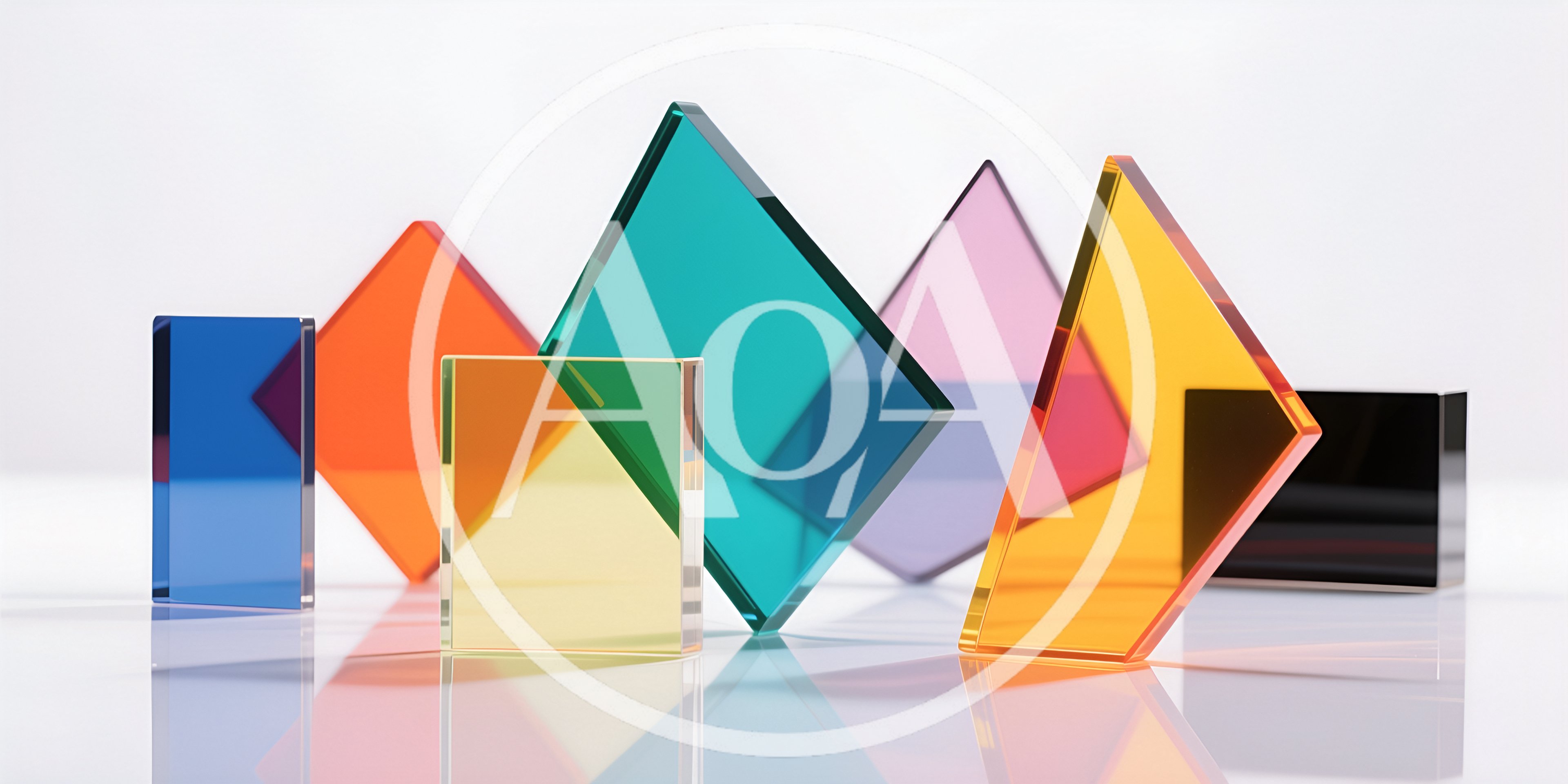 Colorful Translucent Geometric Glass Shapes on White Surface