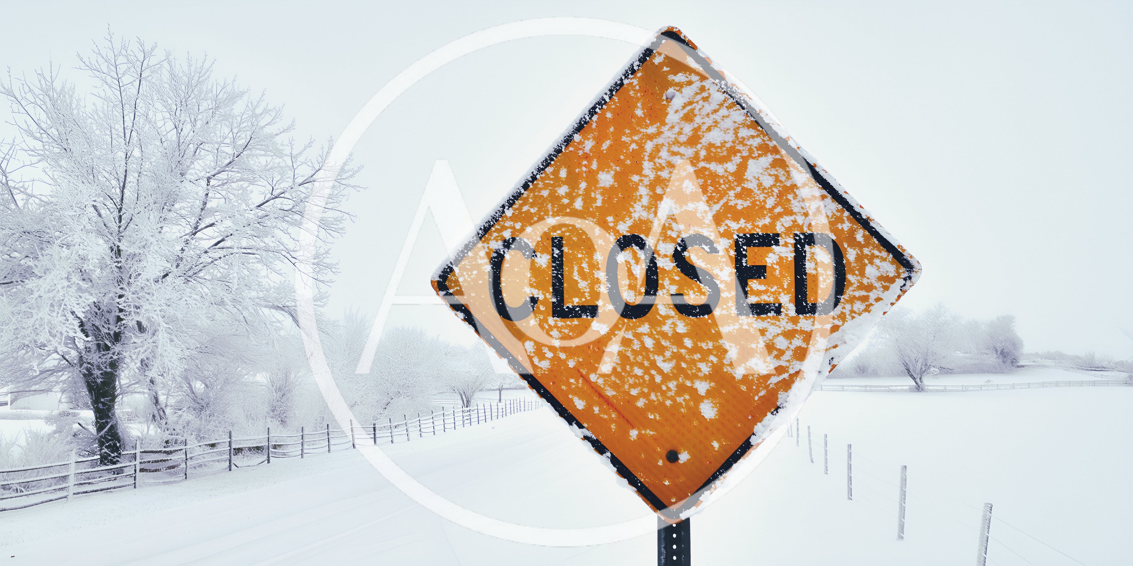 Closed Road Sign In Snowy Winter Landscape