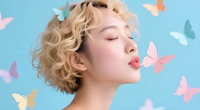 Young Woman With Blonde Hair And Paper Butterflies