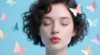 Young Woman With Closed Eyes Surrounded By Paper Butterflies