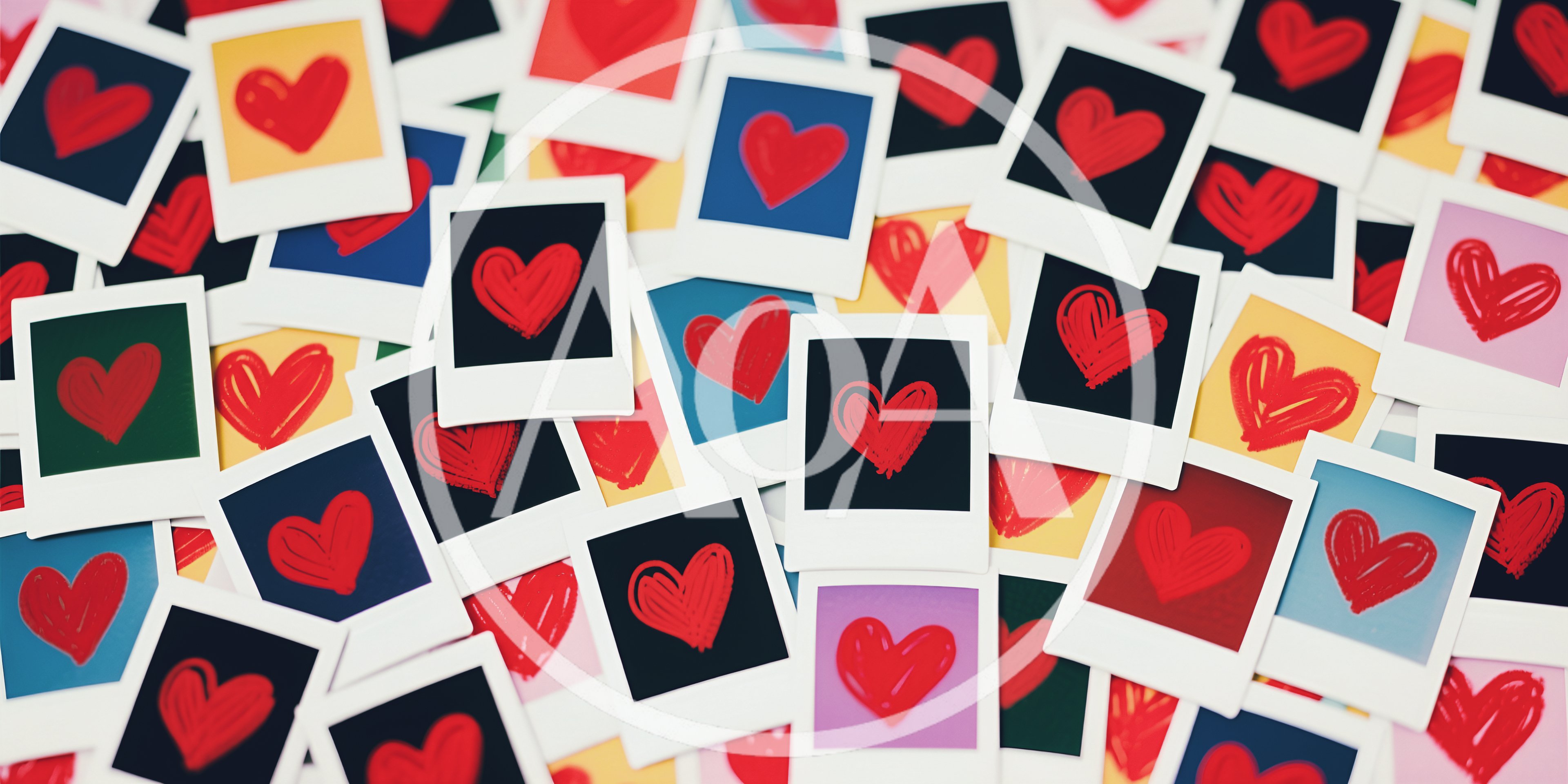 Collection of Scattered Polaroid Photos with Hand-Drawn Hearts