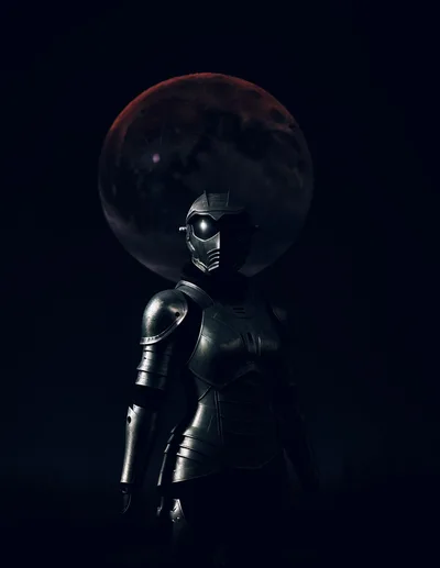 Futuristic Armored Warrior Standing Before A Dark Red Moon