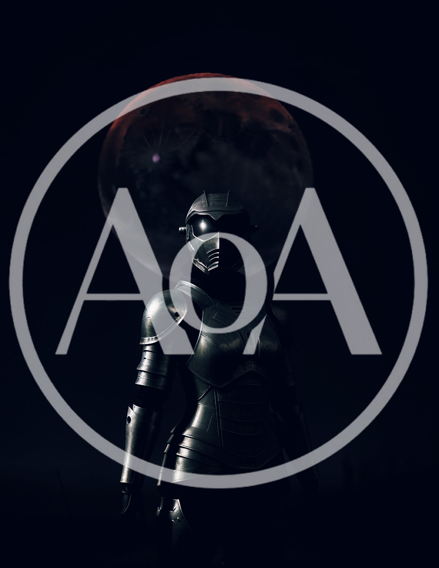 Futuristic Armored Warrior Standing Before A Dark Red Moon