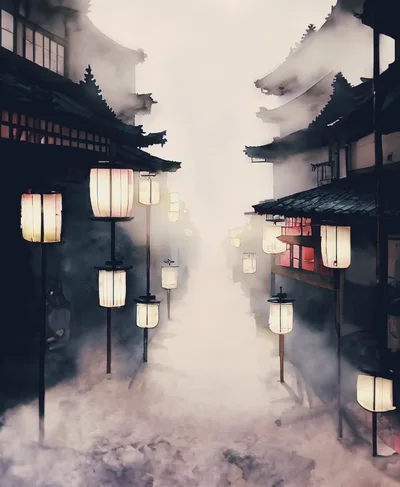 Traditional Japanese Street Scene With Glowing Paper Lanterns