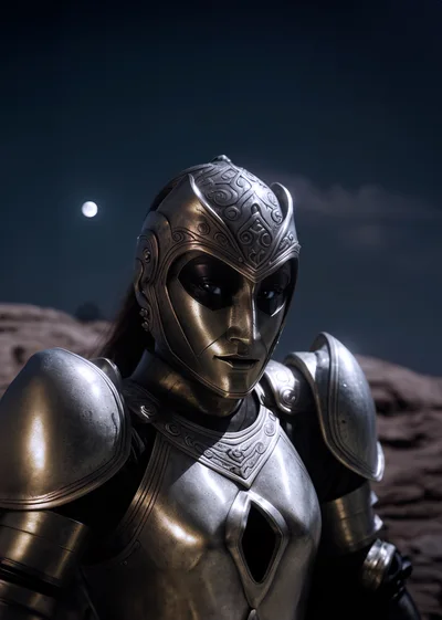 Warrior In Ornate Metal Armor Under Night Sky