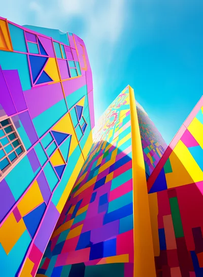Abstract Colorful Geometric Architecture Under Bright Blue Sky