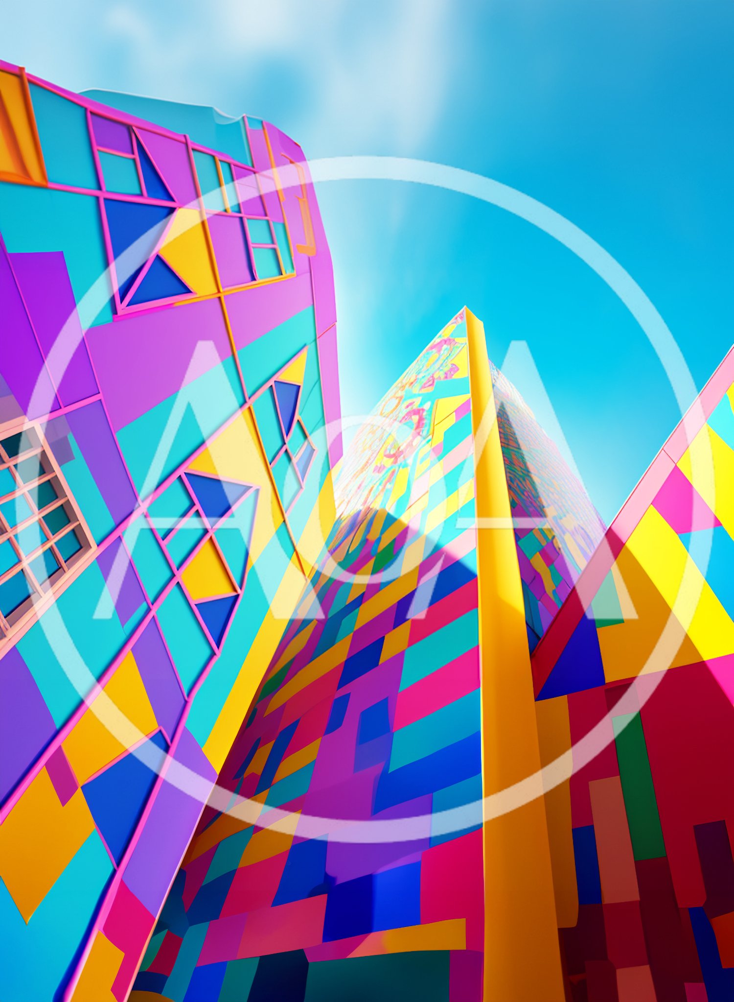 Abstract Colorful Geometric Architecture Under Bright Blue Sky