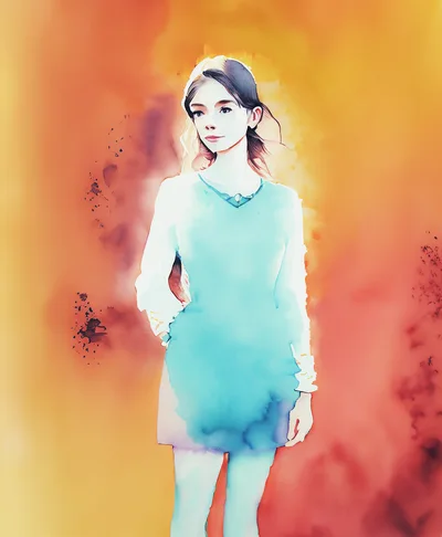 Watercolor Illustration Of A Young Woman In Blue Dress