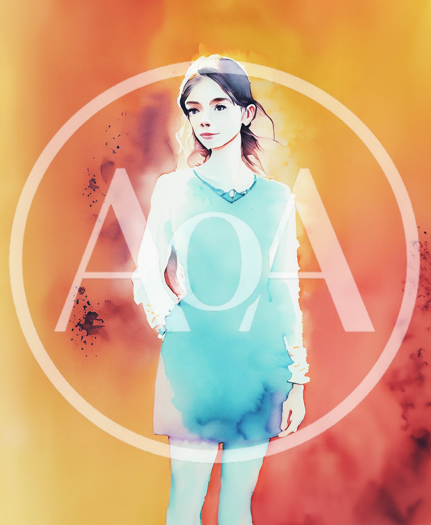 Watercolor Illustration Of A Young Woman In Blue Dress