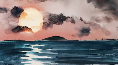 Watercolor Painting Of A Sunset Over The Ocean