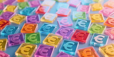 3D Rendered Colorful Glass Euro Currency Symbols