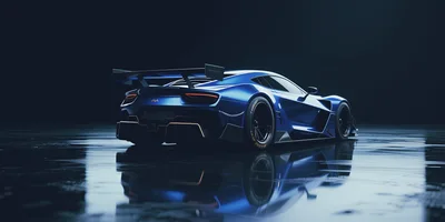 Blue Sports Car On Reflective Surface