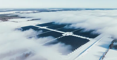 Aerial View Of Solar Farm In Snowy Landscape