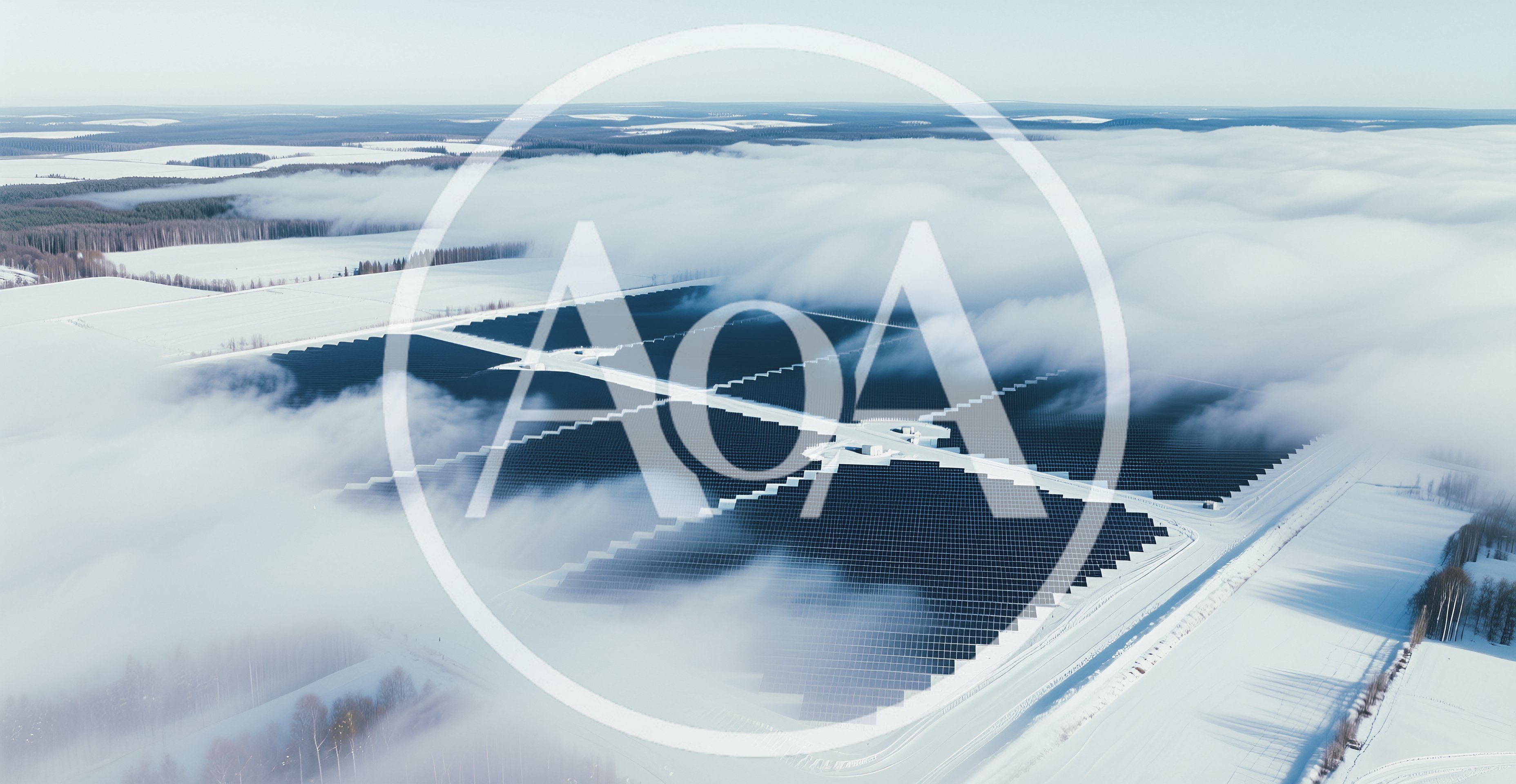 Aerial View Of Solar Farm In Snowy Landscape