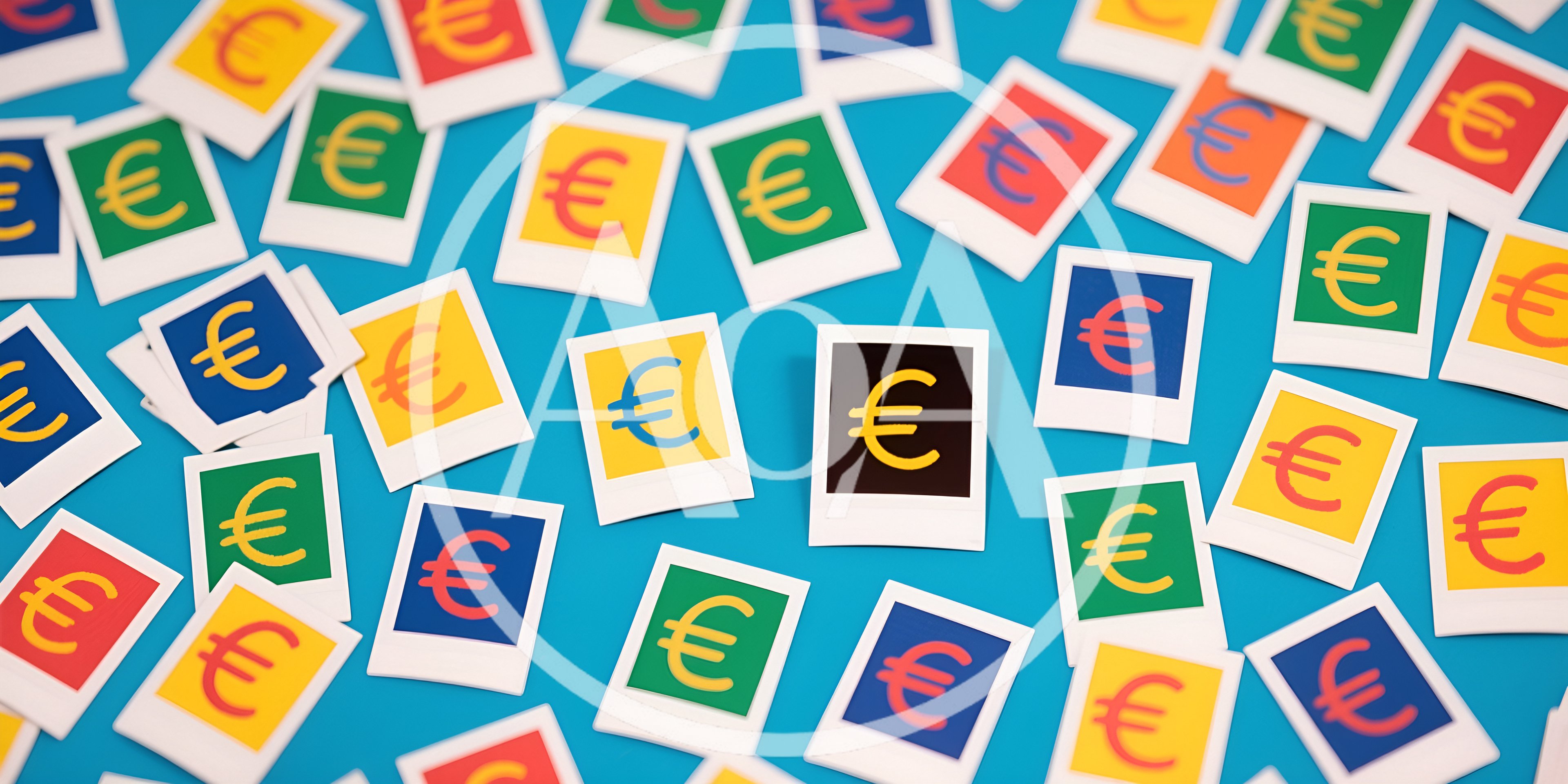 Scattered Euro Symbol Polaroid Prints on Blue Background