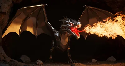 Low Poly Dragon Breathing Fire In A Dark Cave
