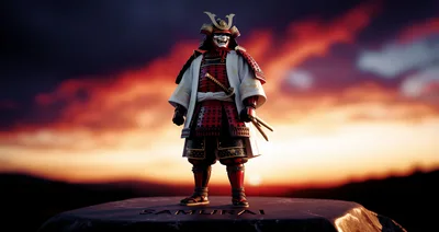 Samurai Warrior Standing On Stone Pedestal At Sunset