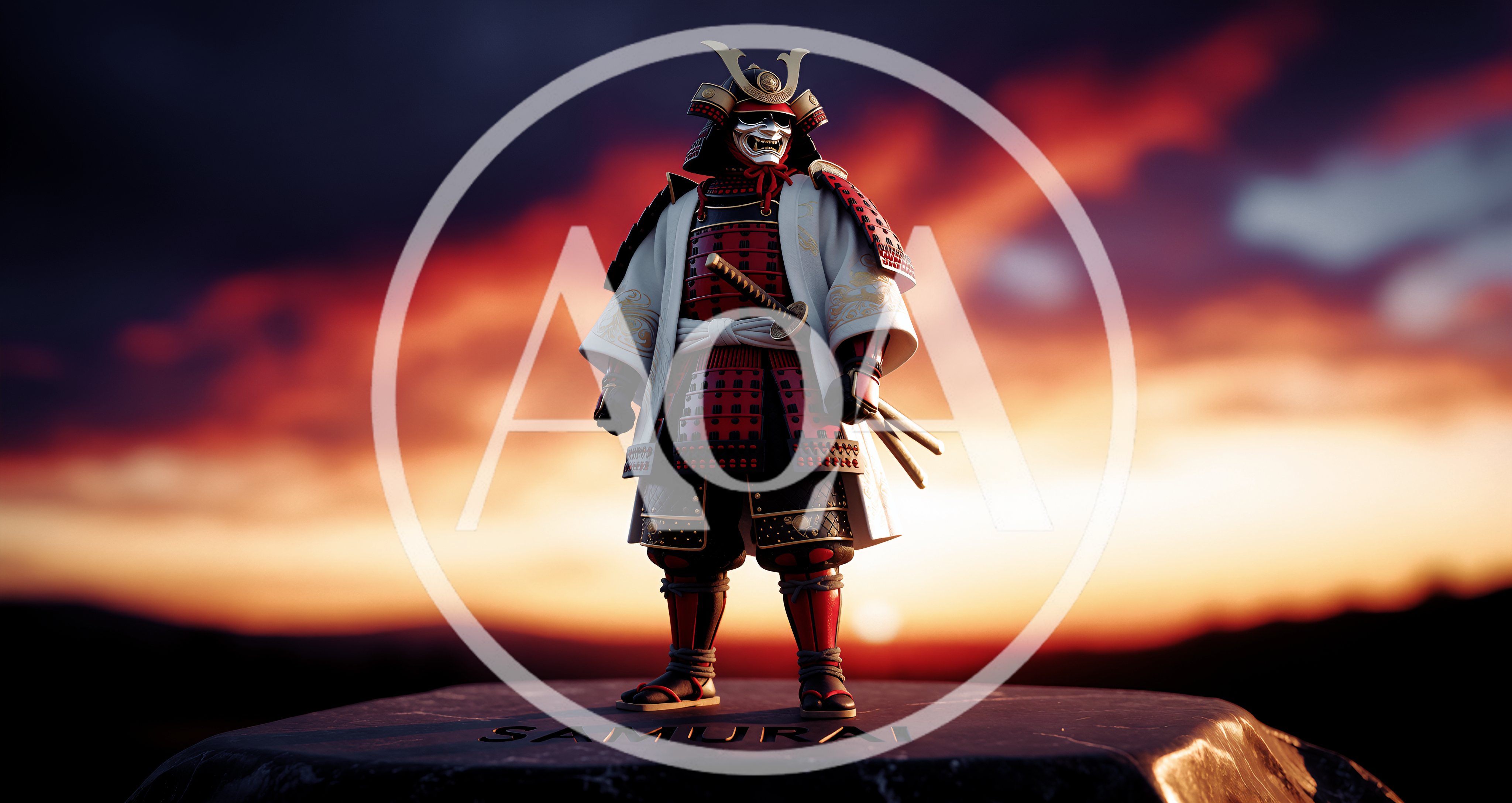 Samurai Warrior Standing On Stone Pedestal At Sunset