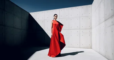 Fashion Model In Red Dress Against Concrete Wall
