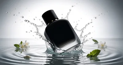 Black Perfume Bottle With Water Splash And Flowers