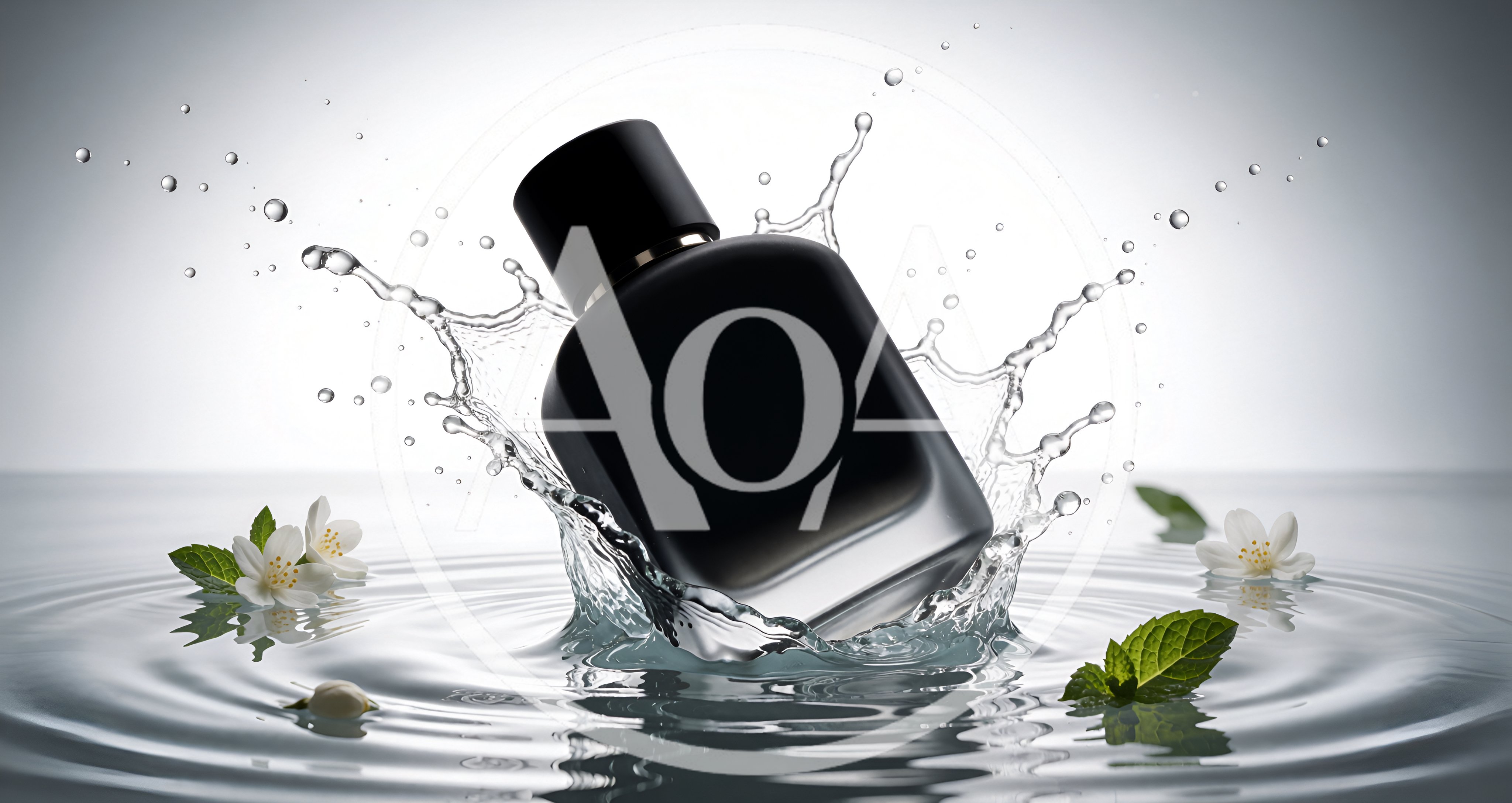 Black Perfume Bottle With Water Splash And Flowers