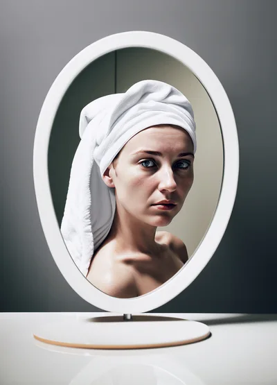 Woman With Towel On Head Looking In Mirror