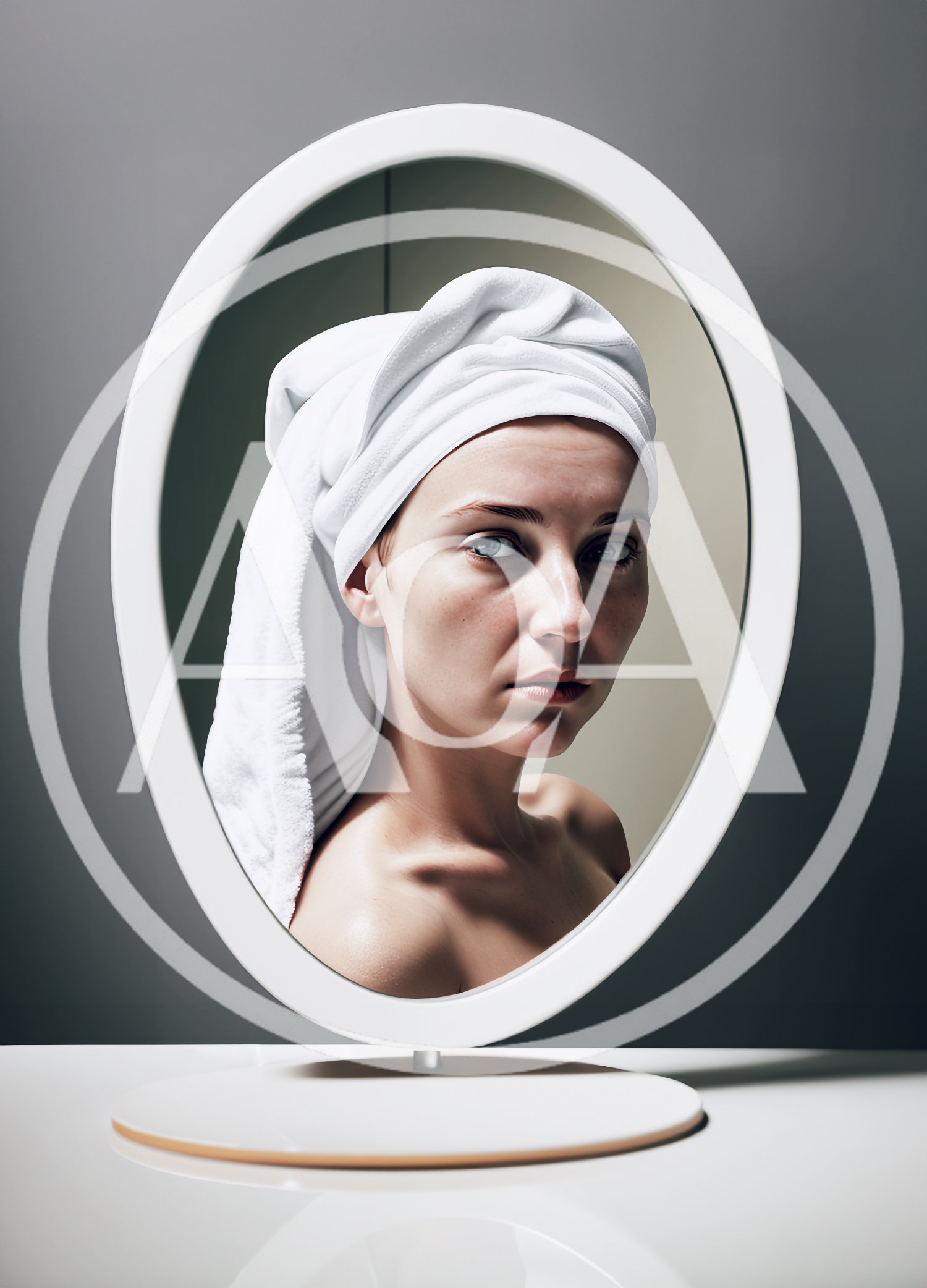 Woman With Towel On Head Looking In Mirror