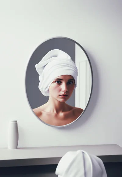 Young Woman With Towel Wrap Looking In Mirror