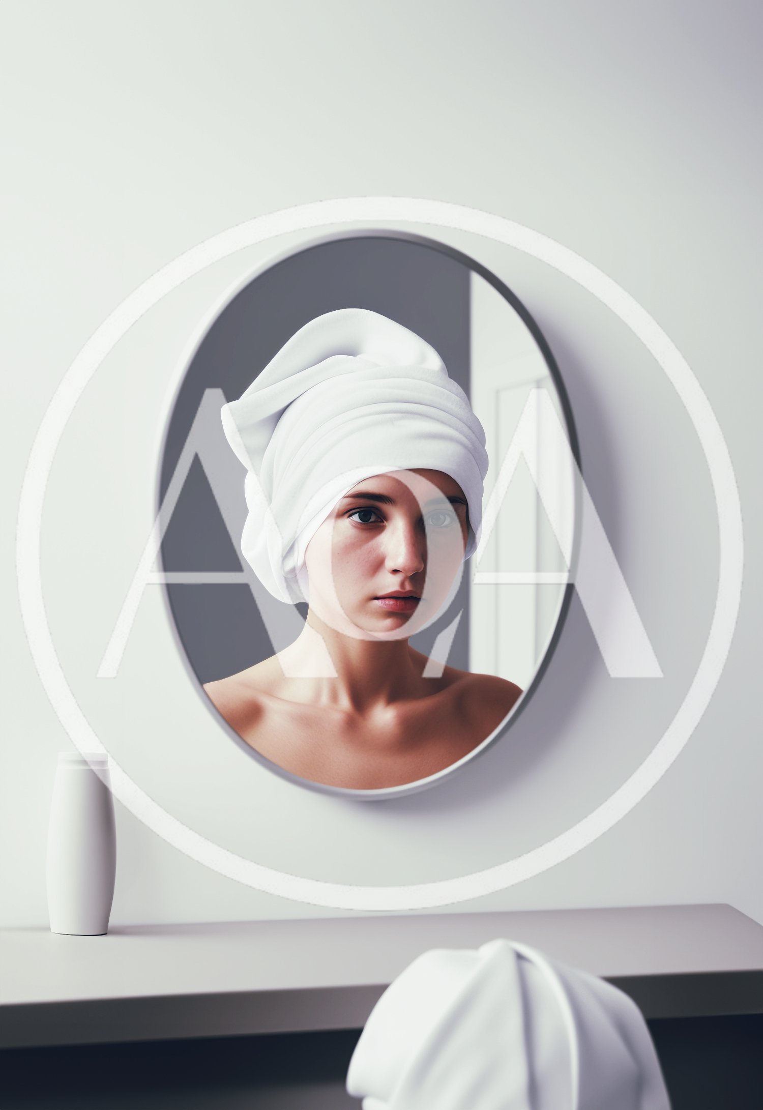 Young Woman With Towel Wrap Looking In Mirror