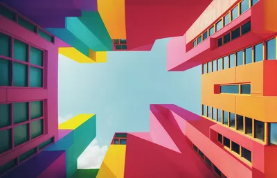 Low Angle View Of Colorful Modern Geometric Architecture