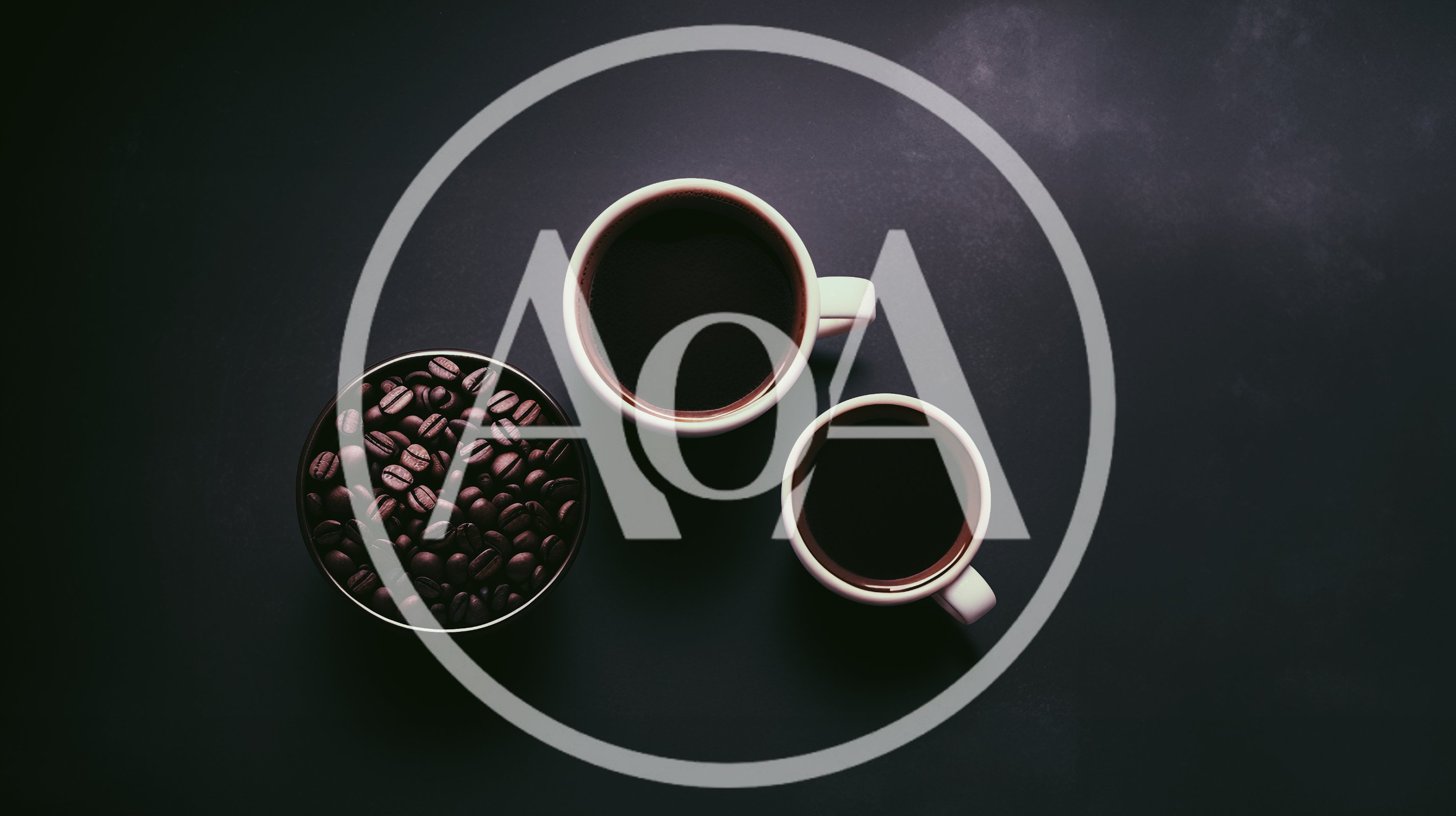 Top View Of Coffee Beans And Two Cups