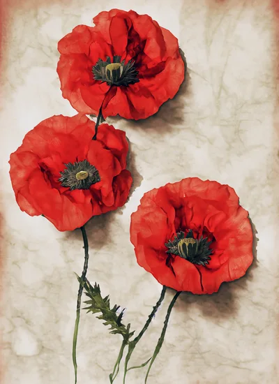 Three Artificial Red Poppy Flowers On Textured Background