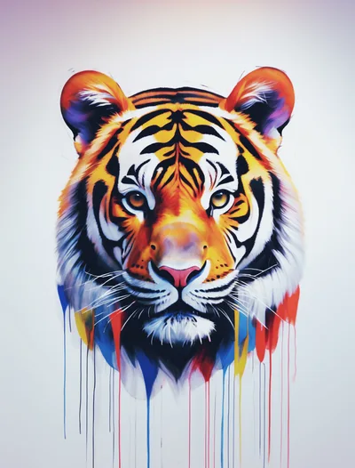 Colorful Artistic Tiger Head Portrait With Paint Drips