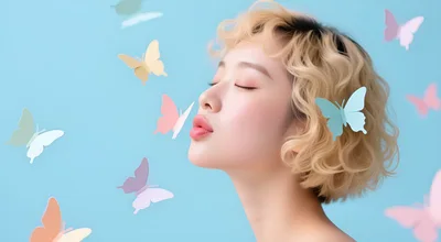 Young Woman With Curly Blonde Hair And Paper Butterflies