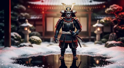 Samurai Warrior Standing in Snowy Japanese Temple Courtyard
