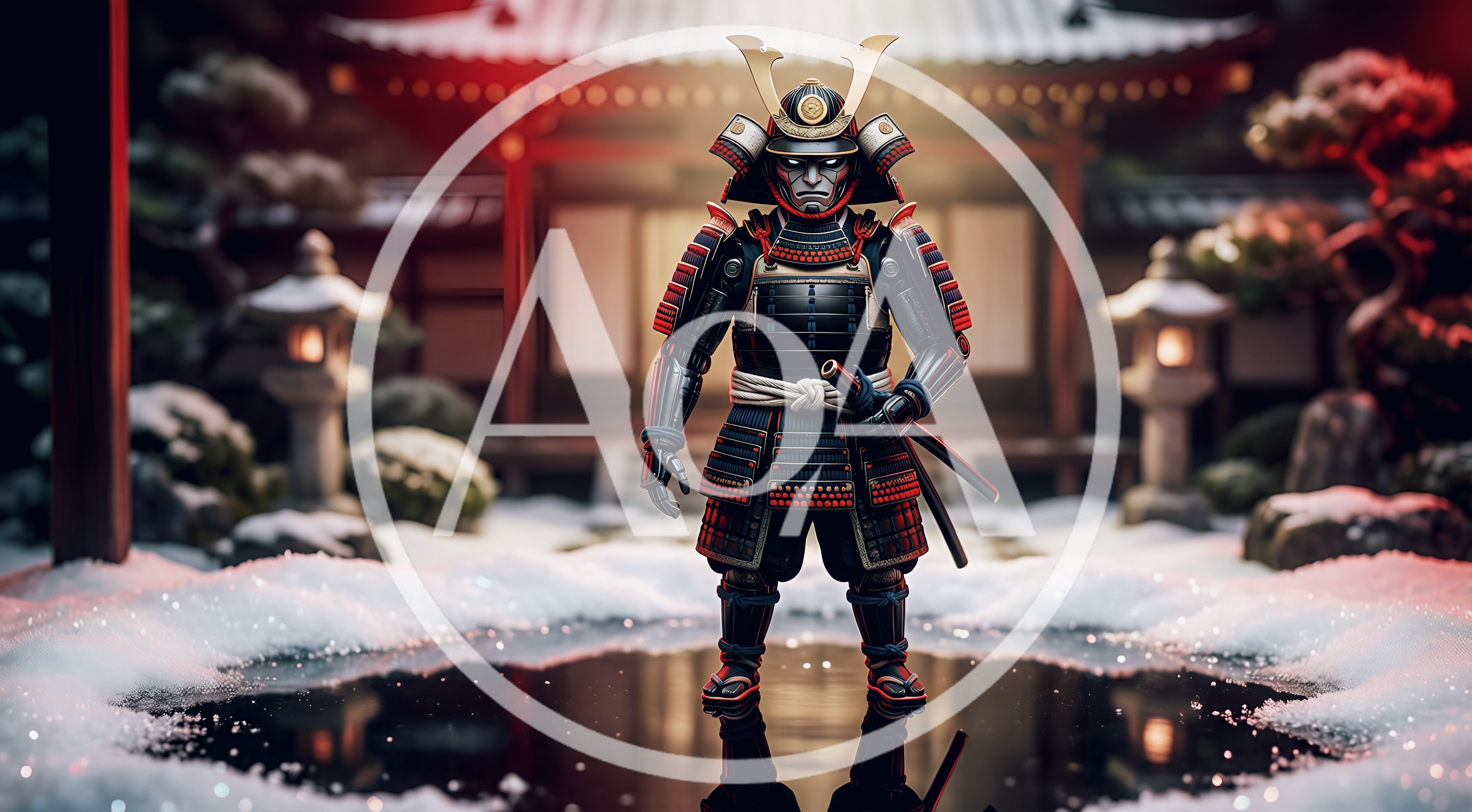 Samurai Warrior Standing in Snowy Japanese Temple Courtyard