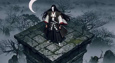 Samurai Warrior Standing On Stone Platform Under Crescent Moon