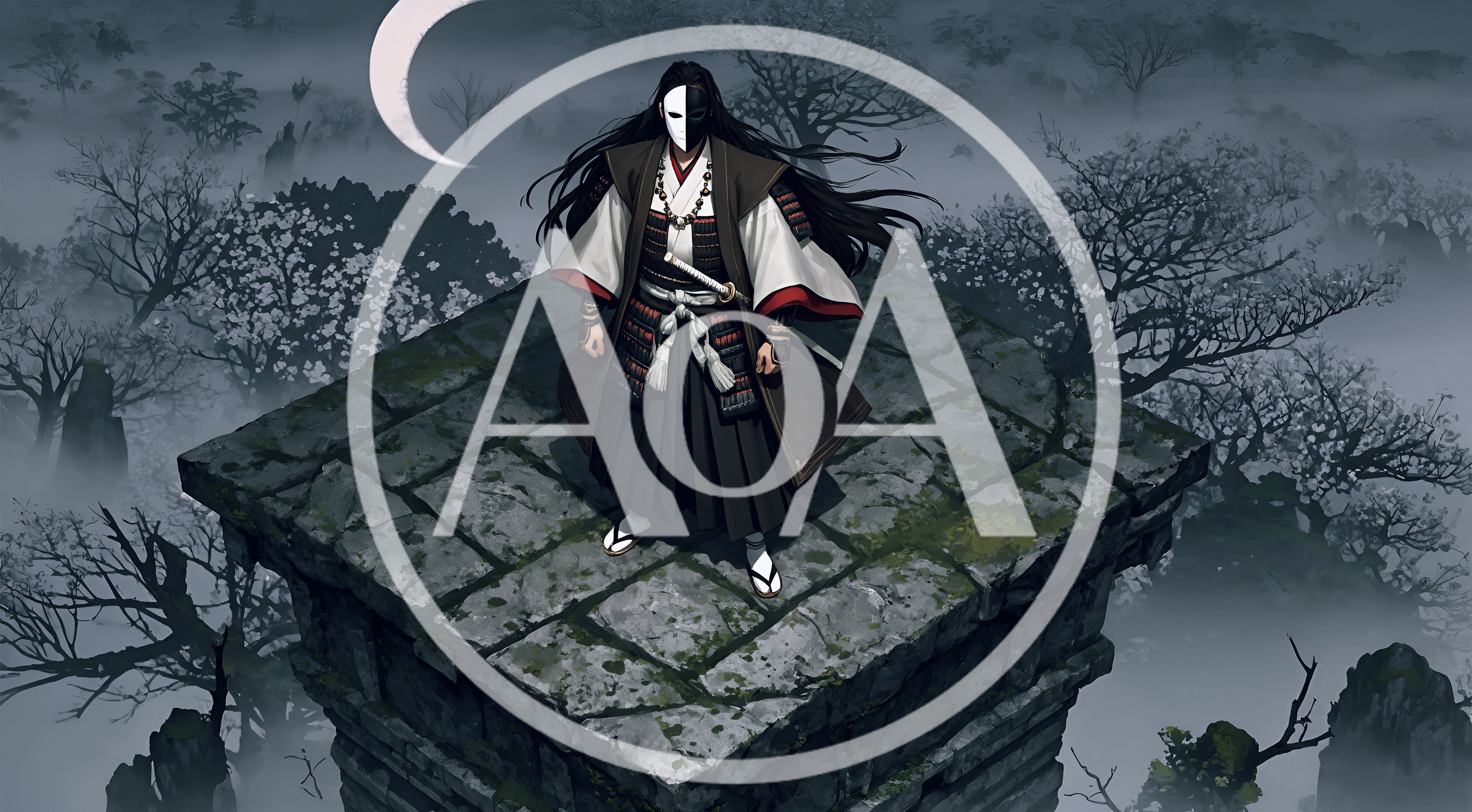 Samurai Warrior Standing On Stone Platform Under Crescent Moon