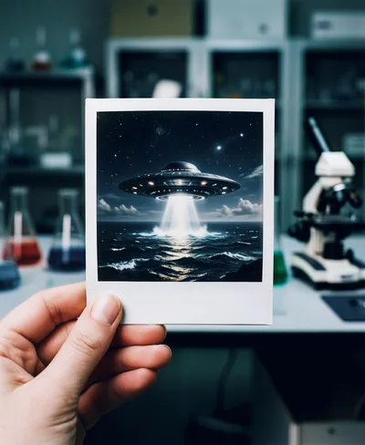 Hand Holding Polaroid Photo Of UFO Over Ocean