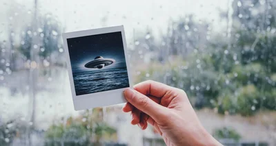 Hand Holding A Polaroid Photo Of Saturn Over Ocean