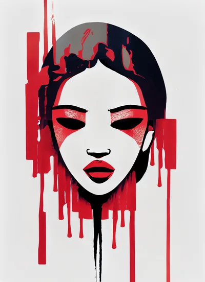 Stylized Portrait Of A Woman With Red Paint Drips