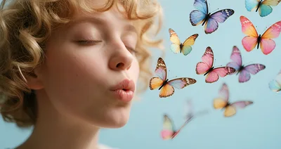Young Woman Blowing Kisses to Colorful Butterflies