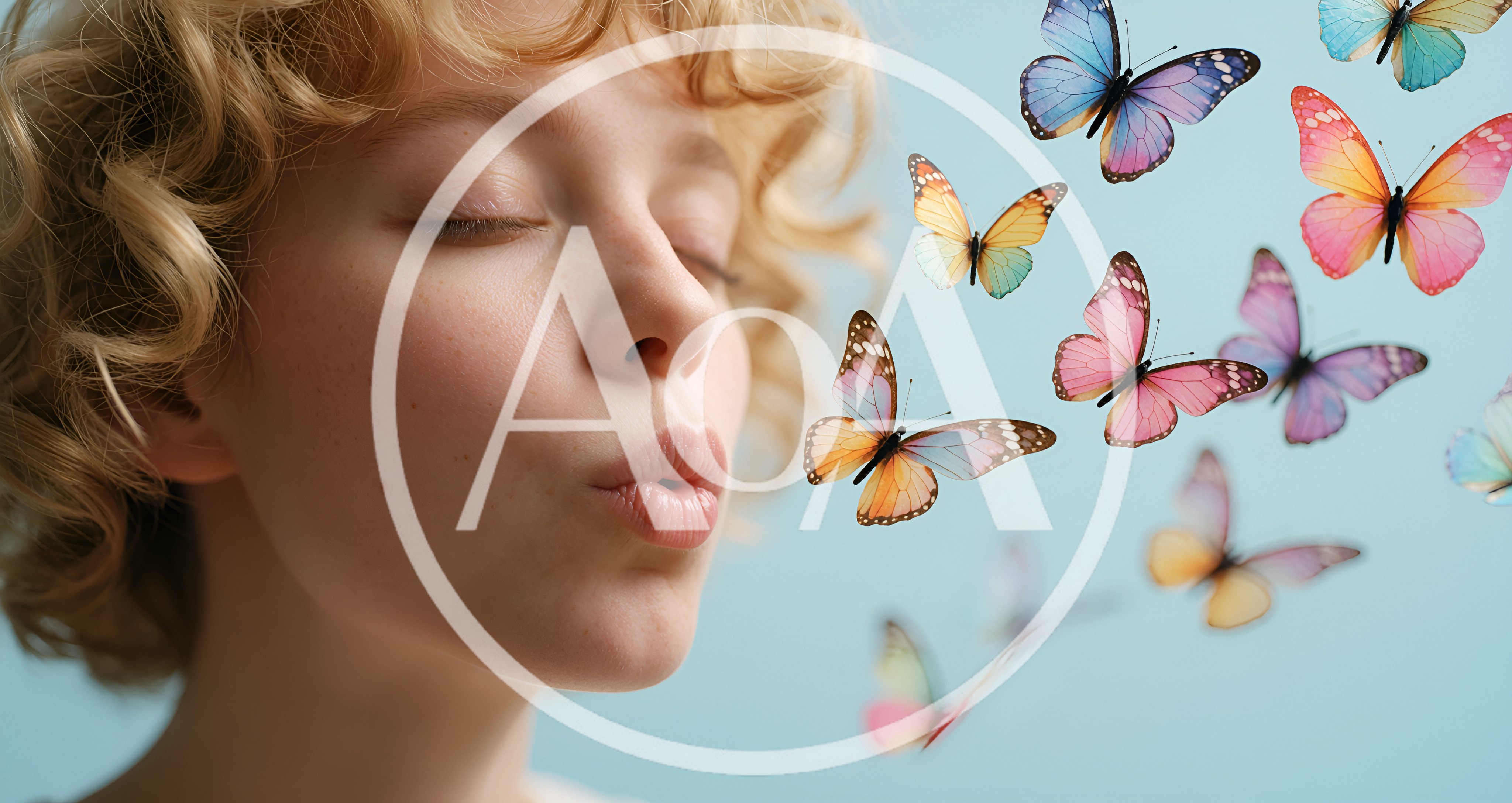 Young Woman Blowing Kisses to Colorful Butterflies