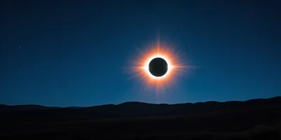 Total Solar Eclipse Over Dark Desert Landscape